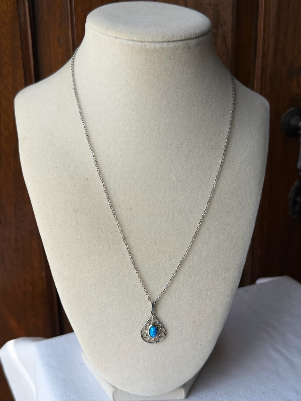Blue Opal Filigree Pendant Necklace Silver Tone Vintage Style